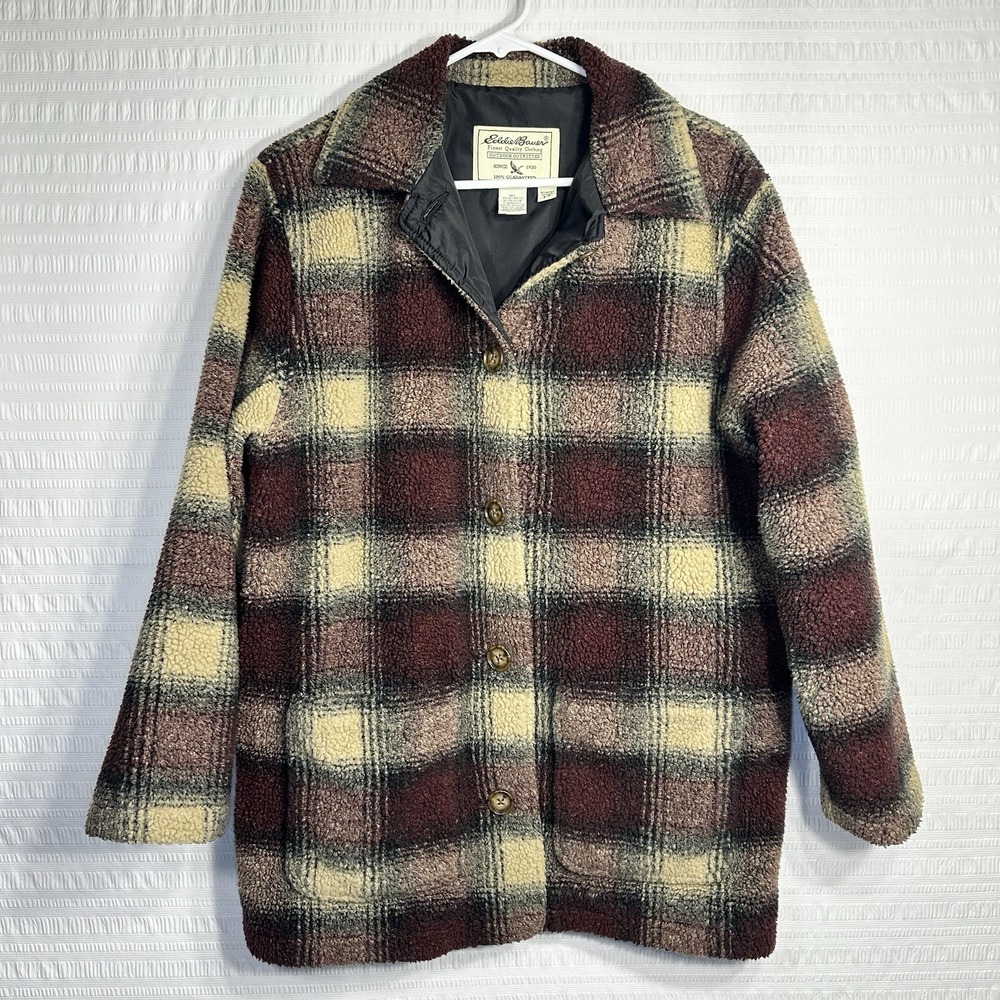 Vintage Eddie Bauer Womens S Sherpa Fleece Coat Burgundy Plaid Made Canada